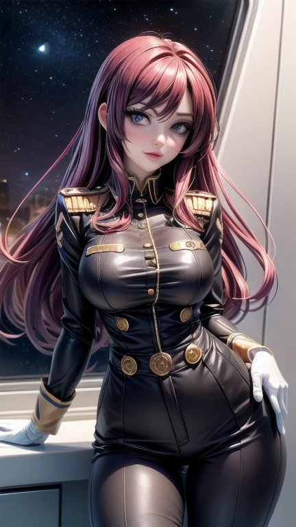 (ultra realistic,32k,RAW photo:1.1),(high detailed skin:1.1), 8k uhd, , purple eyes,masterpiece, best quality red hair, very long hair, bangs, anime big violet eyes, pink lips,  thick eyelashes,   detailed eyes, detailed hair strands, nicorima, slender waist, very long hair, breasts, large breasts,  brown military uniform, pants, white gloves, jacket, outer space, planet mars, holding cane, closeup, lifting cane right arm