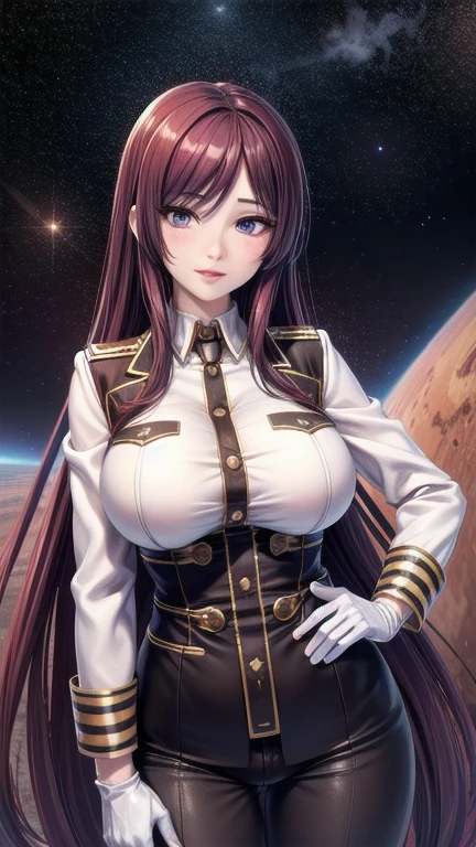 (ultra realistic,32k,RAW photo:1.1),(high detailed skin:1.1), 8k uhd, , purple eyes,masterpiece, best quality red hair, very long hair, bangs, anime big violet eyes, pink lips,  thick eyelashes,   detailed eyes, detailed hair strands, nicorima, slender waist, very long hair, breasts, large breasts,  brown military uniform, pants, white gloves, jacket, outer space, planet mars, dynamic pose, mechs, spaceships, aircraft,