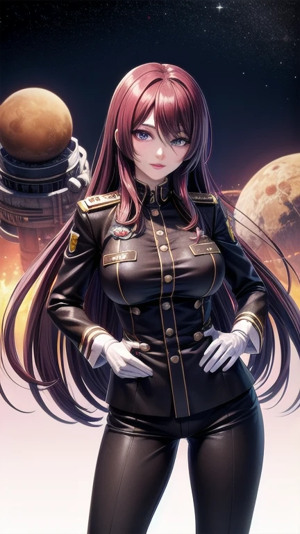 (ultra realistic,32k,RAW photo:1.1),(high detailed skin:1.1), 8k uhd, , purple eyes,masterpiece, best quality red hair, very long hair, bangs, anime big violet eyes, pink lips,  thick eyelashes,   detailed eyes, detailed hair strands, nicorima, slender waist, very long hair, breasts, large breasts,  brown military uniform, pants, white gloves, jacket, outer space, planet mars, dynamic pose, mechs, spaceships, aircraft,