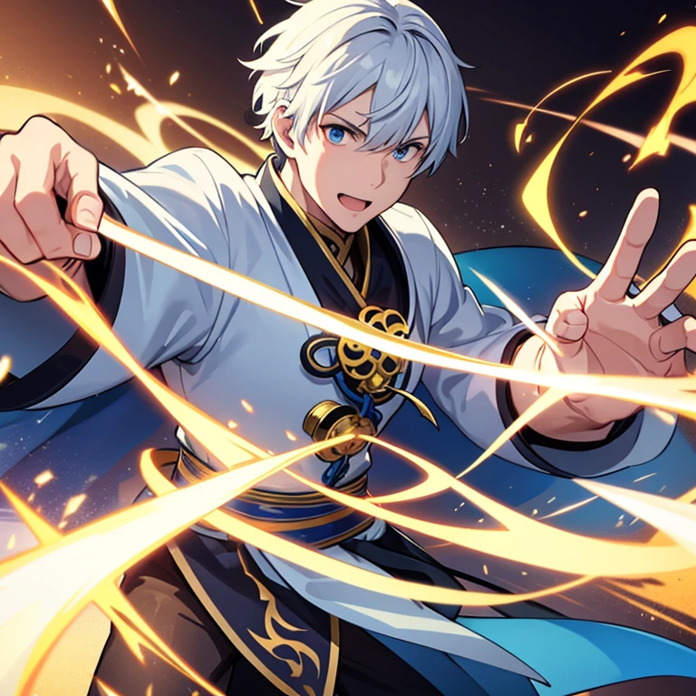 White-haired middle-aged man with lightning in his hands, Blue Taoist robes, forte