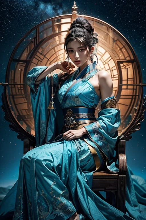 A woman in blue Hanfu with intricate, colorful embroidery:1.1、1 girl、Dark brown updo、((Holds two long swords))、Confident face、Looking from above、very beautiful、A beautiful woman、Highly detailed costume、8K,highest quality, masterpiece、Ultra-high resolution、Portrait, Official Art、Beautiful woman with perfect body、(Full body image), Glowing Skin、((Glossy lips、Highly detailed face and skin texture、Detailed Eyes、double eyelid))、Sharp long legs、Night in the background、Starry Sky、Aurora