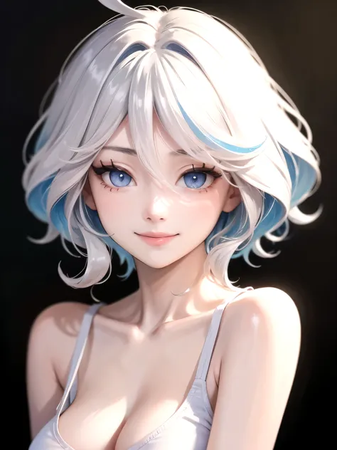 ((best quality)), ((masterpiece)), (detailed), perfect face. Asian girl. Smile. White hair. tanktop. Small breast. Cleavage.