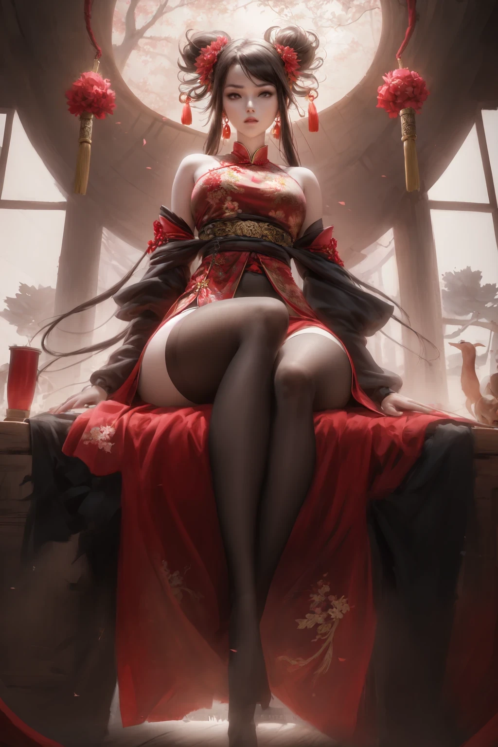 anime,1girl,solo,hair ornament,black hair,red wedding dress,chinese wedding dress,phoenix xiapei,flower,hair flower,chinese clothes,hair up,long sleeves,branch,lipstick,RAW photo,front view of woman feet,tan RealNylonFeets,NylonFeets,black pantyhose,painted toenails,(office wooden floor),(high detailed skin:1.2),8k uhd,wearing a black 1D seamless pantyhose,dslr,soft lighting,high quality,