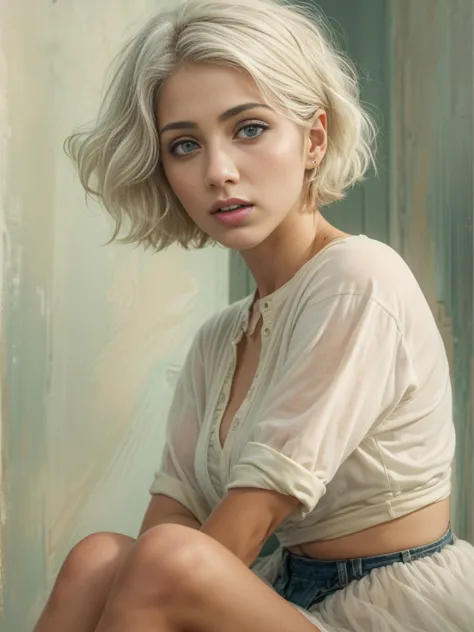 (best quality, high quality), (masterpiece:1.2, portrait, 8k full hd), girl, emily rudd, 26 years, very white hair, short haircu...