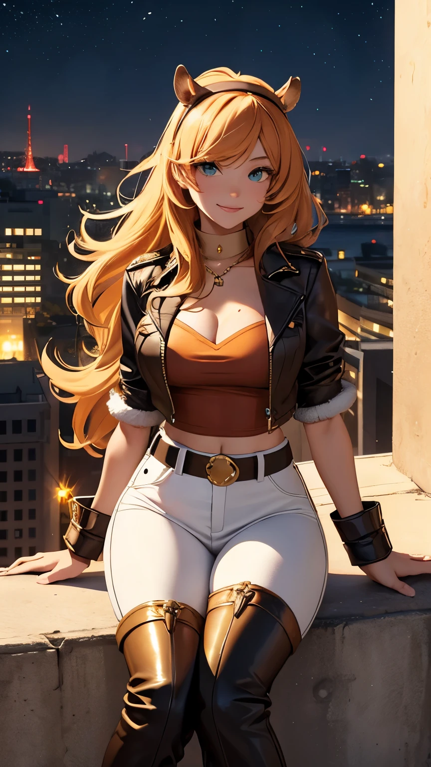 ,(Highly quality, masterpiece, detailed), Night city detailed scenario, Night city detailed background, 20 years old girl, cleavage, smile, green eyes, Squirrel girl, shirt hair, hairband, Brown jacket, orange shirt, crop top, gold belt, white pants, boots, fluffy boots, Squirrel tail, sitting on top of a building, Abdomen, Navel, beautiful eyes, perfect eyes, looking at the viewer, Sexy pose