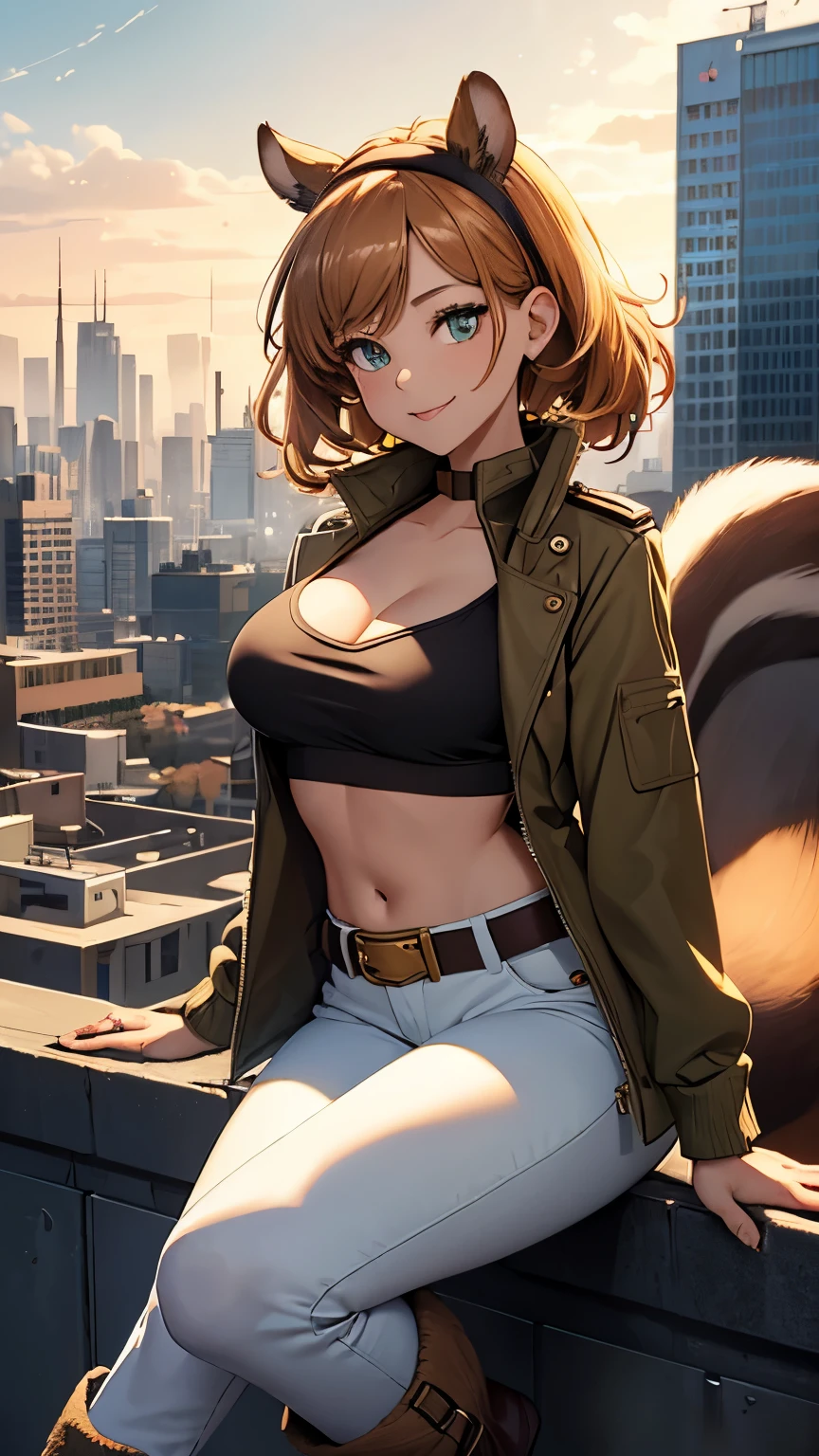 ,(Highly quality, masterpiece, detailed), Night city detailed scenario, Night city detailed background, 20 years old girl, cleavage, smile, green eyes, Squirrel girl, shirt hair, hairband, Brown jacket, orange shirt, crop top, gold belt, white pants, boots, fluffy boots, Squirrel tail, sitting on top of a building, Abdomen, Navel, beautiful eyes, perfect eyes, looking at the viewer, Sexy pose