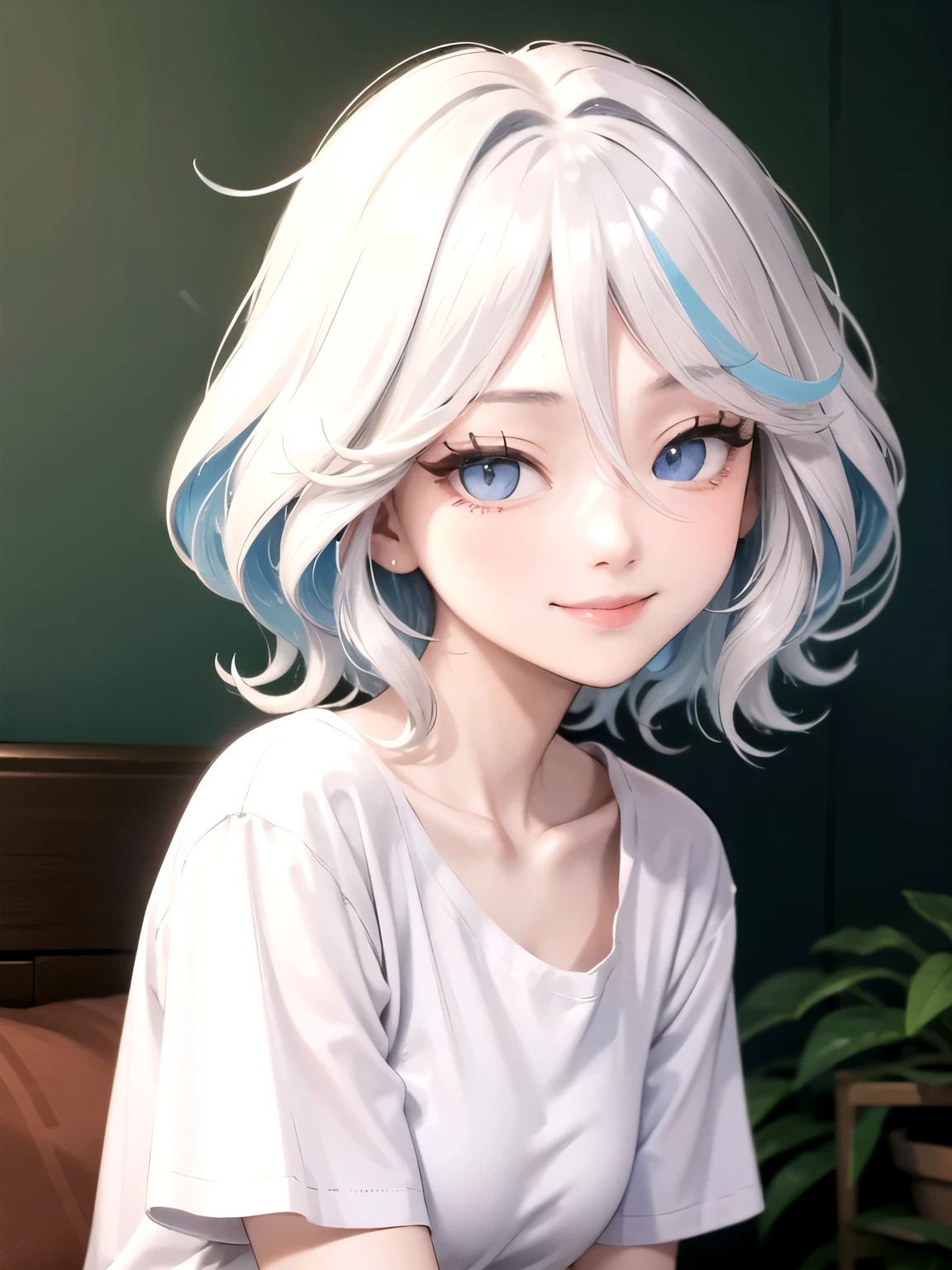 ((best quality)), ((masterpiece)), (detailed), perfect face. Asian girl. Smile. White hair. Blank T-shirt. Small breast. Short pants.