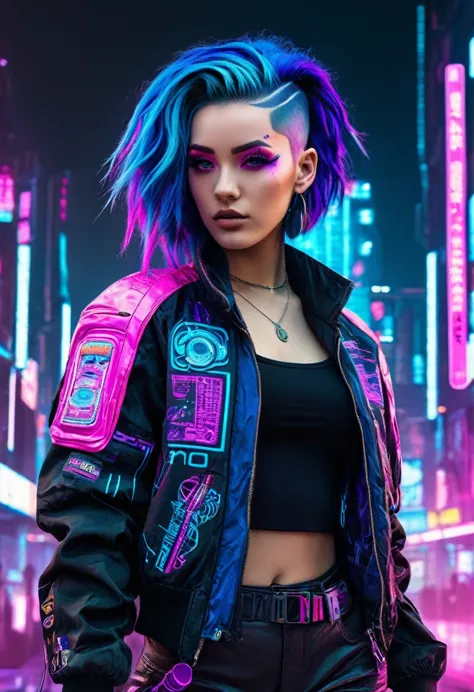 the image depicts a stylized character with a futuristic and cyberpunk aesthetic. the character has vibrant blue hair with purpl...