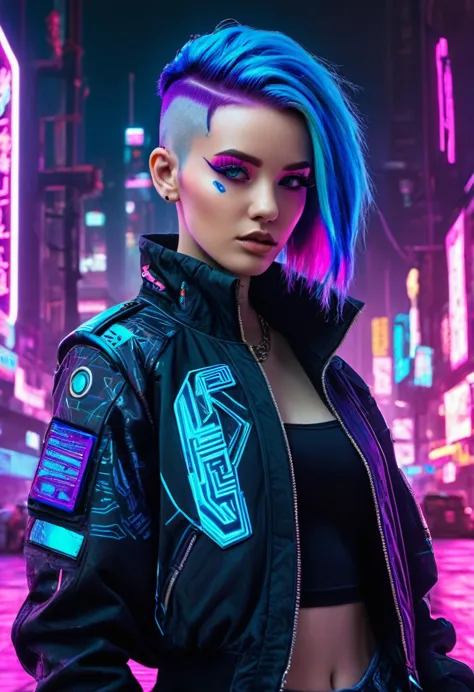 the image depicts a stylized character with a futuristic and cyberpunk aesthetic. the character has vibrant blue hair with purpl...