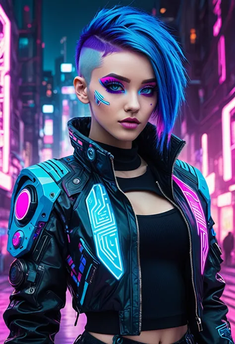 the image depicts a stylized character with a futuristic and cyberpunk aesthetic. the character has vibrant blue hair with purpl...