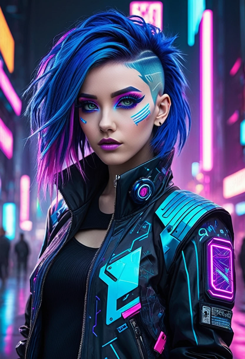 The image depicts a stylized character with a futuristic and cyberpunk aesthetic. The character has vibrant blue hair with purple highlights, and their eyes are accentuated with blue and pink makeup, giving them a cybernetic appearance. They are wearing a black jacket with pink and blue accents, and there are various patches and designs on the sleeves, including what appears to be a circuit-like pattern. The background suggests a neon-lit urban environment, which is typical of the cyberpunk genre. The overall look is edgy and fashionable, with a strong emphasis on technology and modern, high-tech fashion.