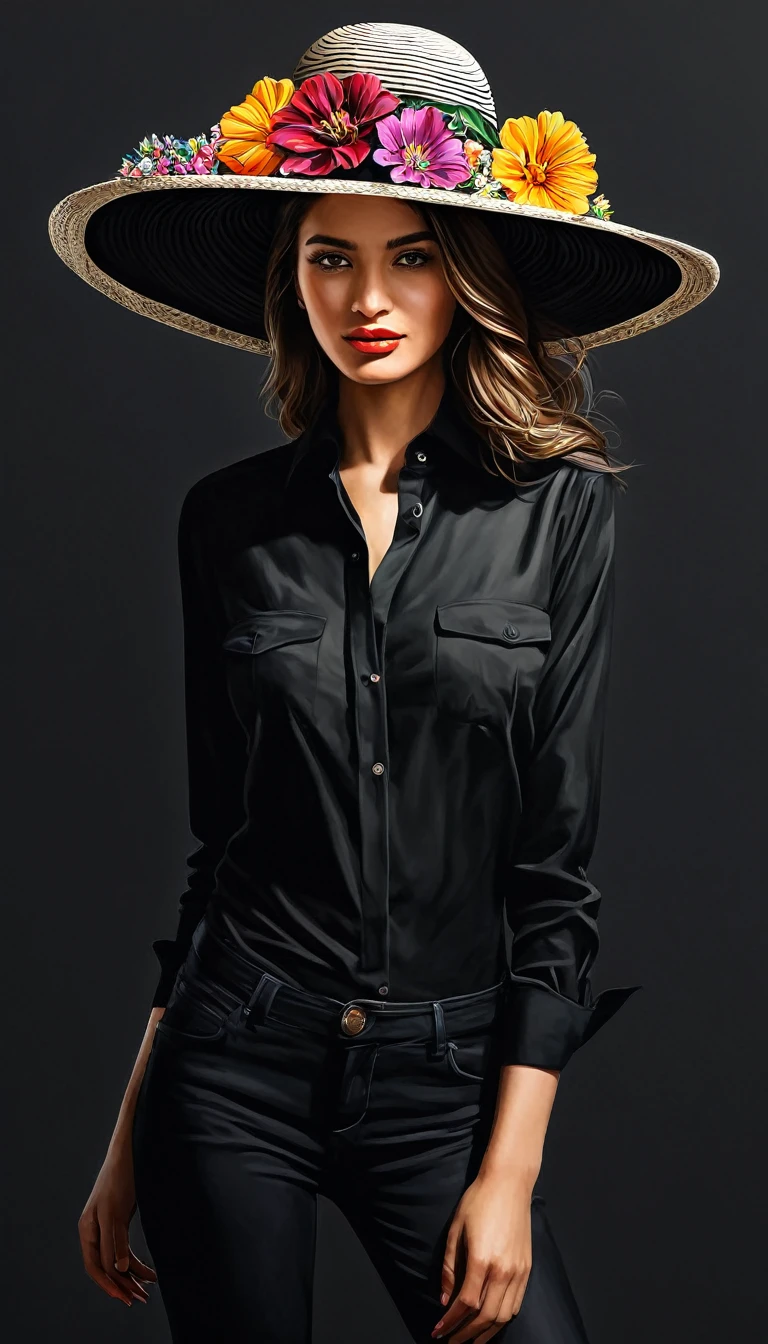 crea una mujer con sombrero elegante negro ,con camisa de flores, obra maestra, estilo ilustracion de Ali Erturk, alto detalle, hiperrealista, luz natural,ilustracion , colores llamativos
