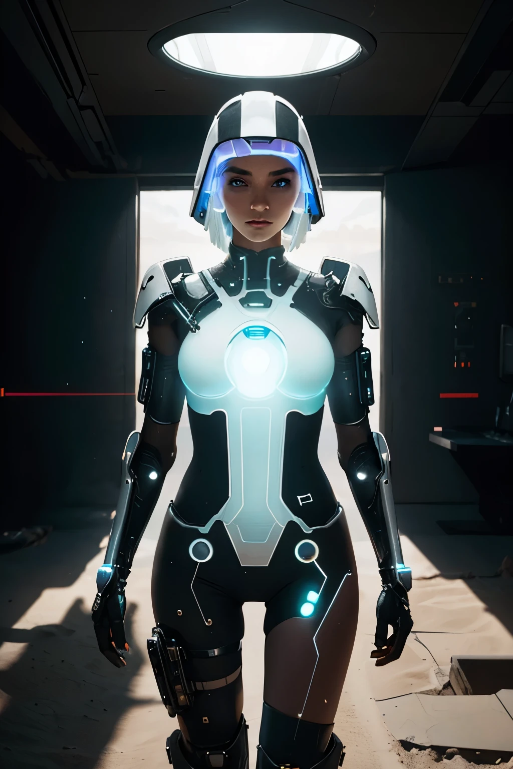 A GIRL IN THE DESERT WEARING A TRANSPARENT FUTURISTIC COSTUME, high technology, futuristic, cyberpunk, android, technology, perfect, white glowing eye, illustration, design, cinematic lighting, 8 k, highly detailed, octane render, unreal engine, artstation pinterest, deviantart, artstation, behance, trending