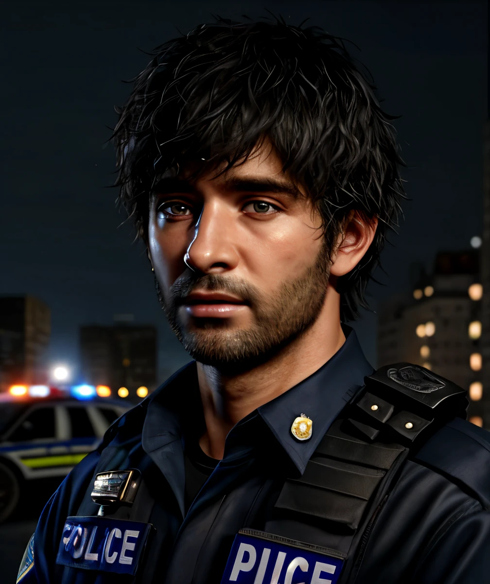 1 homem, Obra de arte, 4K, Ultra-realistic, policial, Fundo noturno da cidade, Carlos Oliveira, Retrato, cabelo preto desgrenhado 