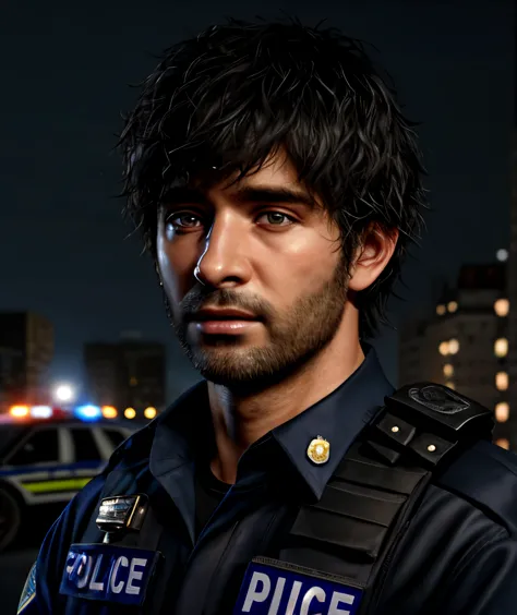 1 male, masterpiece, 4K, Ultra-realistic, police officer, City night background, Carlos Oliveira, Portraiture, Black shaggy hair...