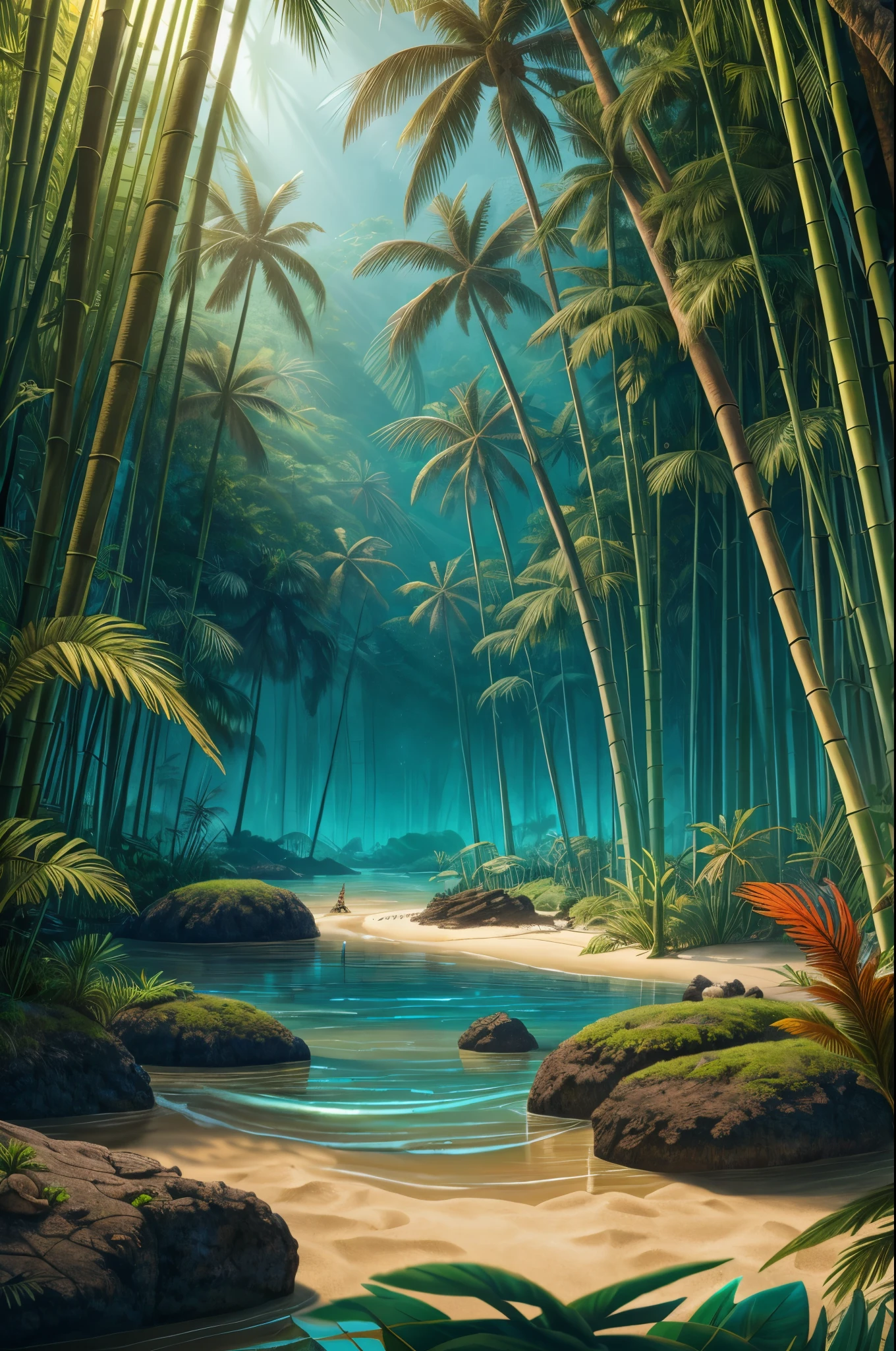 vista gran angular, Arte De Fantasía, escenario de fantasía. inspiración hawaiana, aborigen de las islas del Pacífico, arena, rocas, adornos con temática acuática. ríos, ambient detailer, Enfoque de fondo, tropical ambient, pantano, playa, Rayado, balsas, casas de bambú flotantes, flotando en el río, iluminación del bosque, luz. Iluminación frontal, afilado, difuminador de detalles.