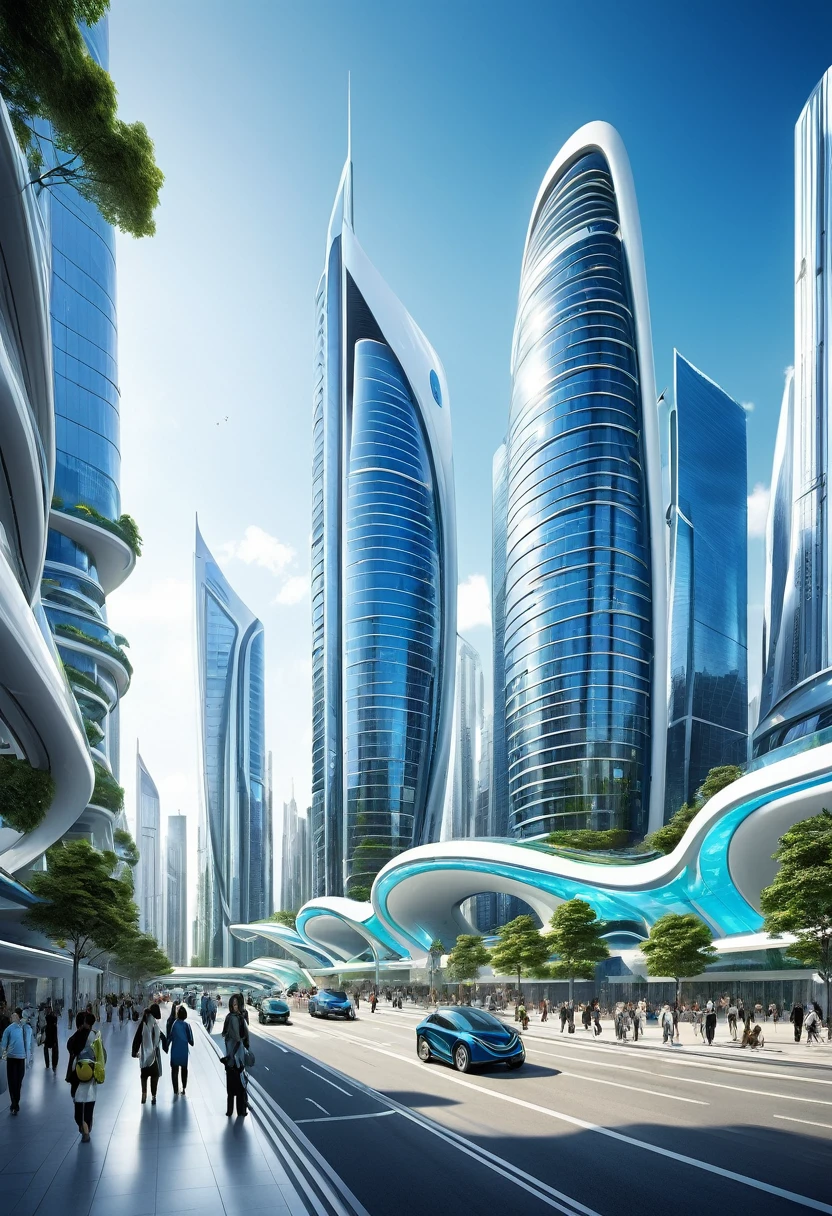 The image depicts a futuristic cityscape, characterized by towering skyscrapers with sleek, modern designs. The buildings are predominantly white and blue, with a few green accents, suggesting a focus on sustainability or eco-friendliness. The architecture is highly stylized, with curved and angular forms that give the city a dynamic and advanced appearance.

The city is bustling with activity, as evidenced by the numerous pedestrians walking on the sidewalks and the traffic on the streets. The people are dressed in contemporary clothing, and the vehicles are sleek and streamlined, fitting the futuristic aesthetic.

The sky is a clear blue, indicating good weather, and the city is bathed in natural light, suggesting it's daytime. The overall atmosphere is one of progress and innovation, with a sense of order and cleanliness that is often associated with futuristic urban environments.

The image is likely a digital artwork or a concept design, meant to inspire or represent what cities might look like in the future. It showcases a vision of urban development that emphasizes technology, sustainability, and a high quality of life for its inhabitants.