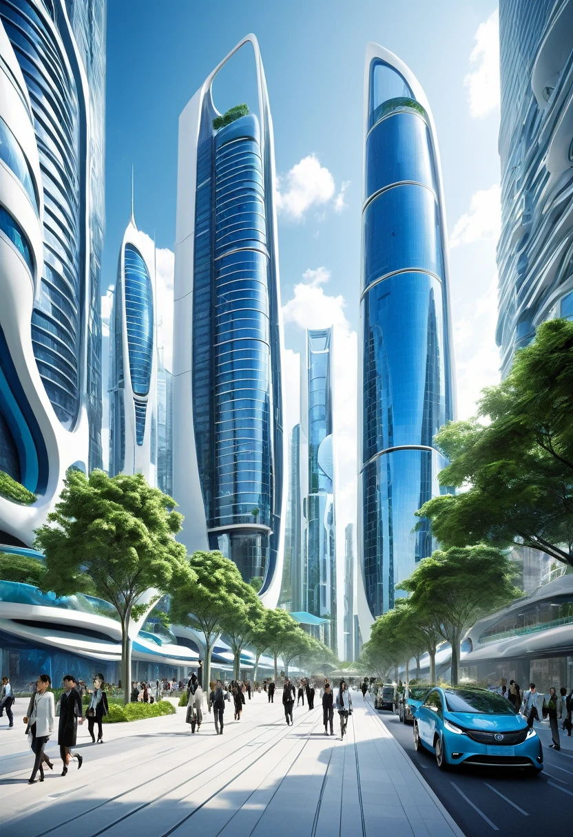 The image depicts a futuristic cityscape, characterized by towering skyscrapers with sleek, modern designs. The buildings are predominantly white and blue, with a few green accents, suggesting a focus on sustainability or eco-friendliness. The architecture is highly stylized, with curved and angular forms that give the city a dynamic and advanced appearance.

The city is bustling with activity, as evidenced by the numerous pedestrians walking on the sidewalks and the traffic on the streets. The people are dressed in contemporary clothing, and the vehicles are sleek and streamlined, fitting the futuristic aesthetic.

The sky is a clear blue, indicating good weather, and the city is bathed in natural light, suggesting it's daytime. The overall atmosphere is one of progress and innovation, with a sense of order and cleanliness that is often associated with futuristic urban environments.

The image is likely a digital artwork or a concept design, meant to inspire or represent what cities might look like in the future. It showcases a vision of urban development that emphasizes technology, sustainability, and a high quality of life for its inhabitants.