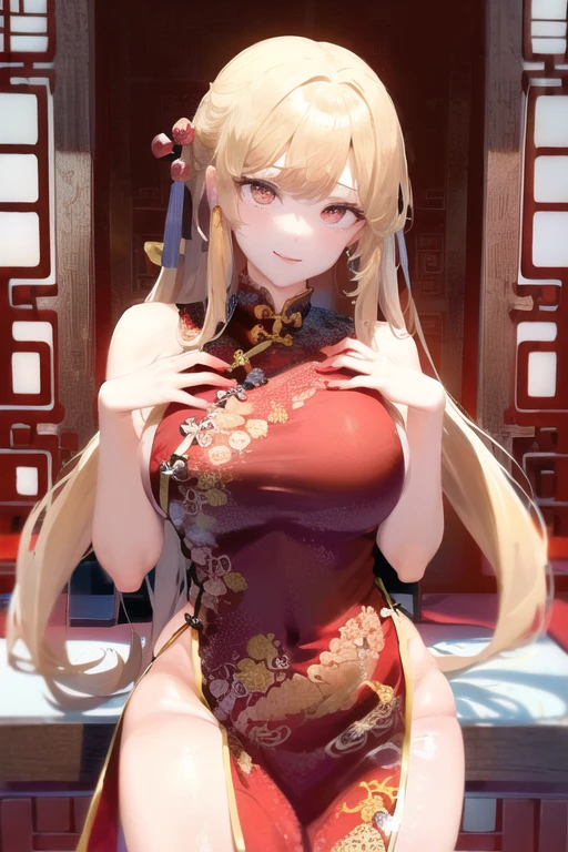 ((highest quality))　((masterpiece))　(detailed)　((Detailed female genitalia))　Perfect Face　Pulling up hair　(Red thin Chinese dress:1.7)　(Open-chested Chinese dress:1.6)　smile　No underwear　Very cute face　Huge breasts　Japanese　((Exposed breasts))