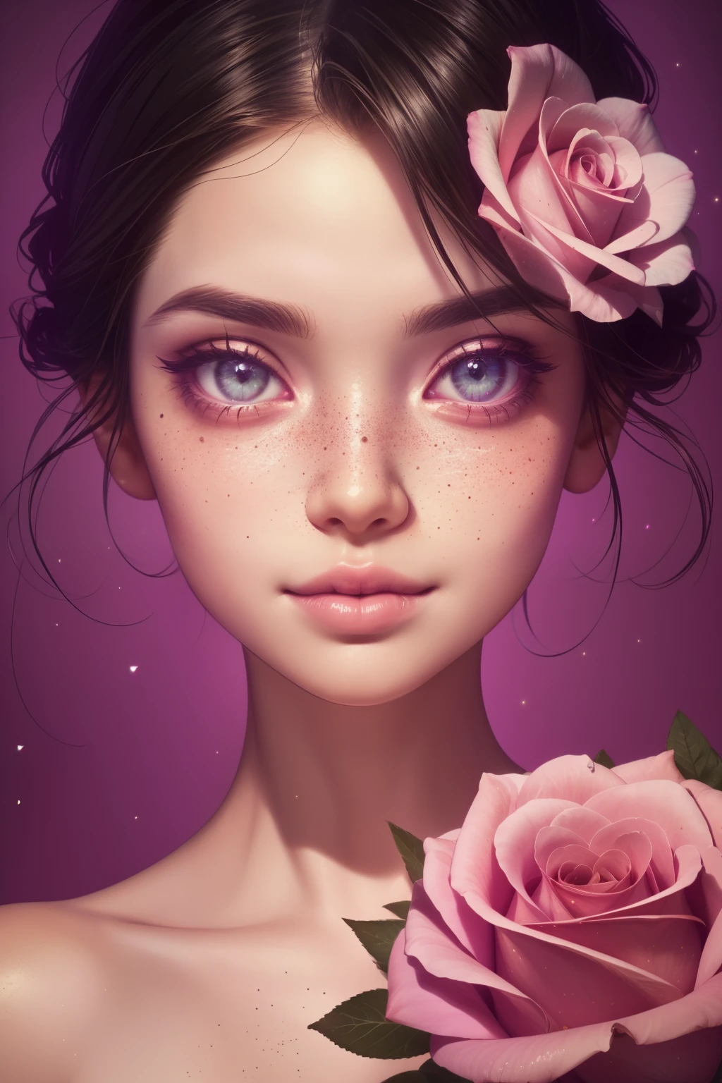 (This is a beautiful, intricate, (romatic) fantasy image that emphasizes beauty and grace.) Generate a blind curvy woman with milky eyes and soft natural freckles. Her face is important and should be (perfectly formed) with (beautiful puffy lips) and (perfect features). There is a cute freckle birthmark on her lip. The image exudes ethereal beauty and soft fantasy, with shimmering shades of pink throughout. Surround her with eternal roses in shimmering shades. Ensure perfection in her face, hair, and eyes. Include sweet and detailed birds and soft, luminous flowers and detailed roses. Utilize dynamic composition and dramatic lighting and cinematic lighting to create an interesting fantasy image. The background of the image is interesting and ultra-detailed, with soft fantasy lighting and gradients. Include fantasy details, cute aura, colorful, colourful, and interesting magical background. The image's background is decorated in shades of pink, shimmer, glitter, and fantasy details like colored bubbles and cosmos. Include subtle freckles, natural freckles and a diffused realistic skin tone. Incorporate elements of high fantasy, whimsy, and detailed elegance. English rose, princess, courtesan, noblewoman, sweet, lovely, calm, lovely, shimmering, glimmering, glittering, astrological fantasy, (((masterpiece))), (highest quality), magic rose, fantasy garden, beautiful face, perfect face, puffy lips, interesting, shy smile, fantasy elements, magic rose, beautiful eyes, perfect puffy lips, jewel tones, luminosity. Taken with a canon camera.