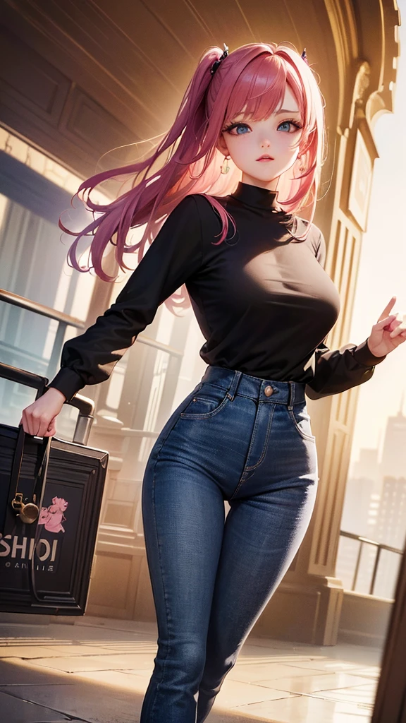 (masterpiece), (best quality), (Highres), Detailed, (Inricate Details 1.2), (Hyper Detailed 1.4), (Ornate Digital Art 1.2), absurdres, 1girl, small breasts, ass, hair ornaments, solo, pink hair, (black shirt:1.3), jeans, (train station:1.2) running, thighs, shortstack, 