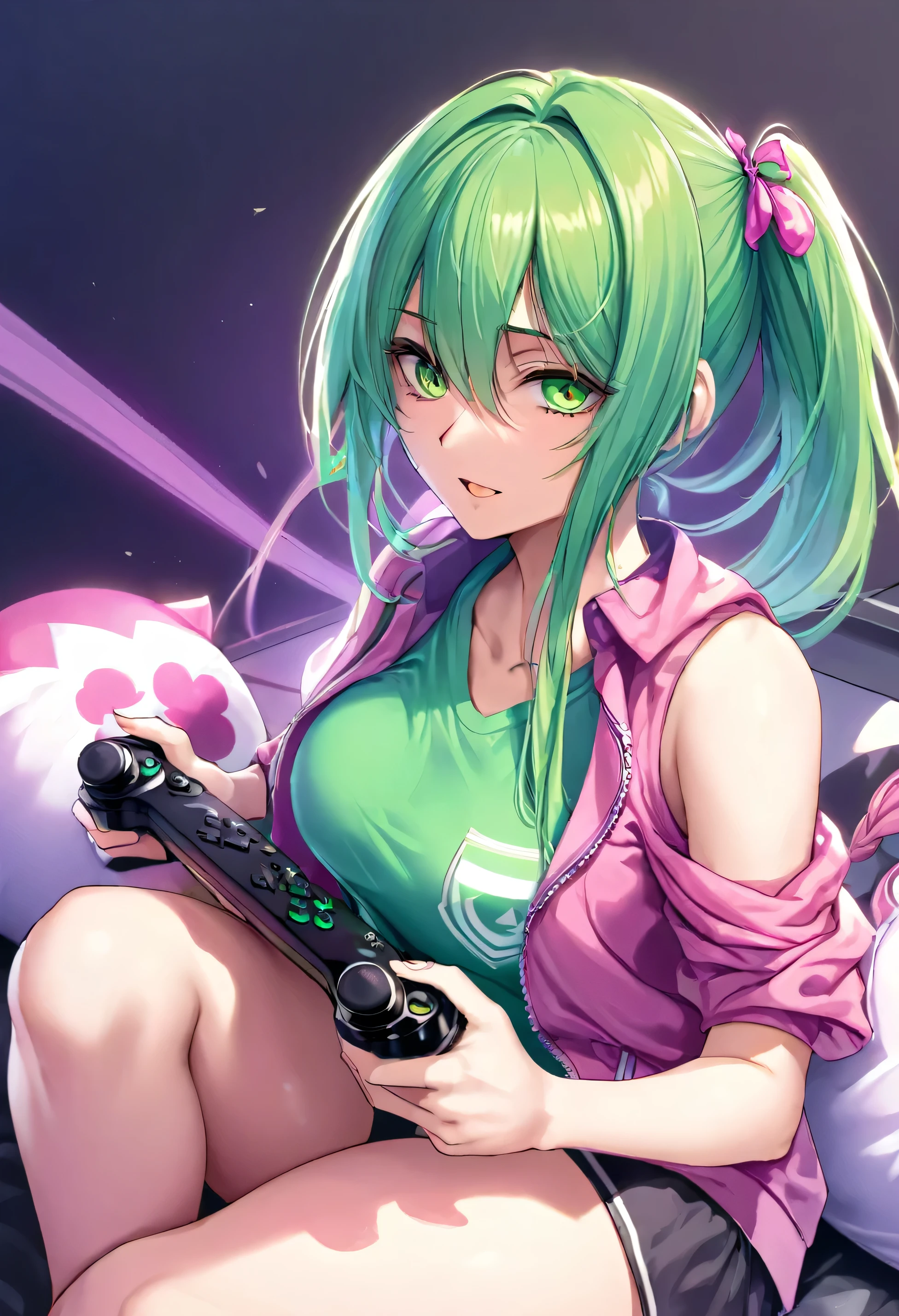 Anime girl with green hair and green eyes holding a video game controller -  SeaArt AI