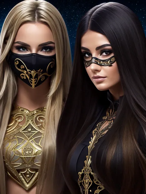 create an image featuring two beautiful women with their faces partially covered by masks adorned with intricate magic symbols. ...