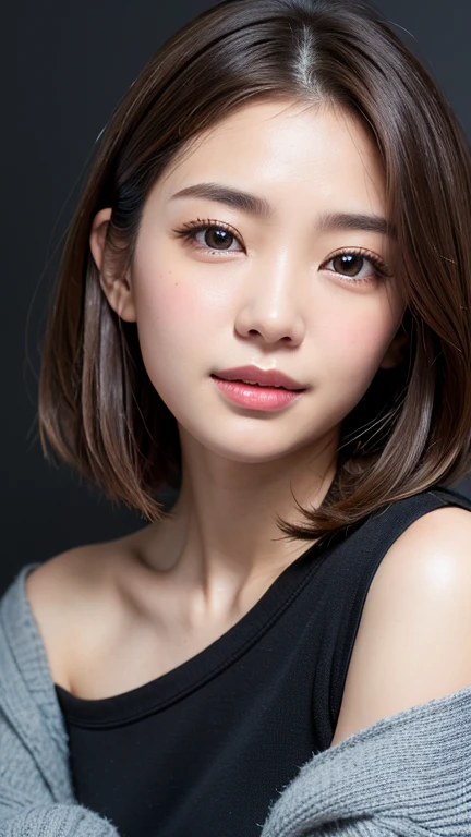 (((Close-up of face)))、(((Absolutely shoulder-length brown straight short bob)))、(((She is posing like a hair salon model, with a black wall indoors as the background.)))、(((Casual black winter long sleeves with shoulders covered)))、Half Japanese, half Korean、18 year old girl、Standing Alone、Looking forward、Light eye makeup、Brown Hair Color、Flat and 、Hair blowing in the wind、Actress Quality、Glossy, ultra-realistic face、Smiling face、Watery eyes、Gazing Up、Subtle lighting effects、 Ultra-Realistic Capture、Very detailed、High resolution 16K close up of human skin。Skin texture must be natural、The details must be such that pores can be clearly seen、The skin is healthy、Uniform tone、Use natural light and colors、A worn-out, high-quality photo taken by a model agency&#39;s in-house photographer.、smile、(((SIGMA 300 mm F/1.4,1/1000 sec shutter,ISO 400))) 