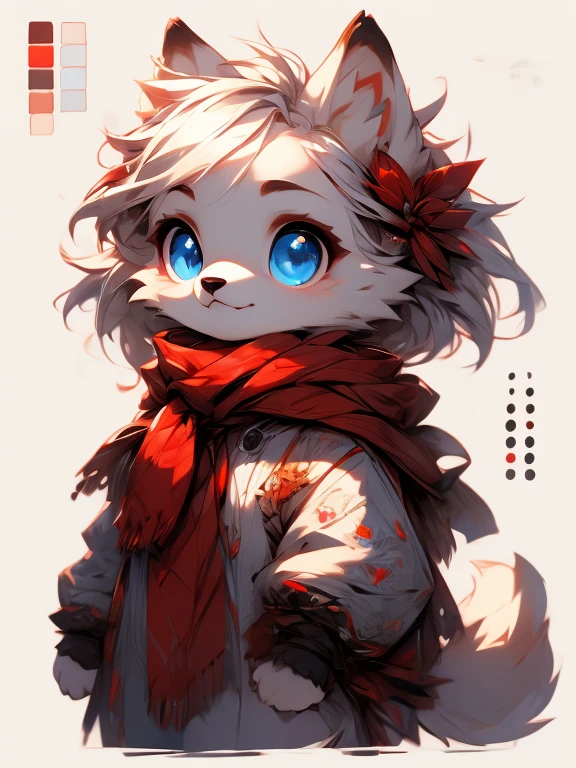 white baby wolf pup, baby girl wolf, bright sky-blue eyes ( Absurdly , High quality , ultra detailed ) ,( hand detailed ) , 1girl, solo, , (concept art, character sheet, character sketch),absurdres(highly detailed beautiful face and eyes)perfect anatomy, adorable, cute eyes, big eyes, short messy hair, long red scarf, baby puppy, walking on all paws, (sketch)