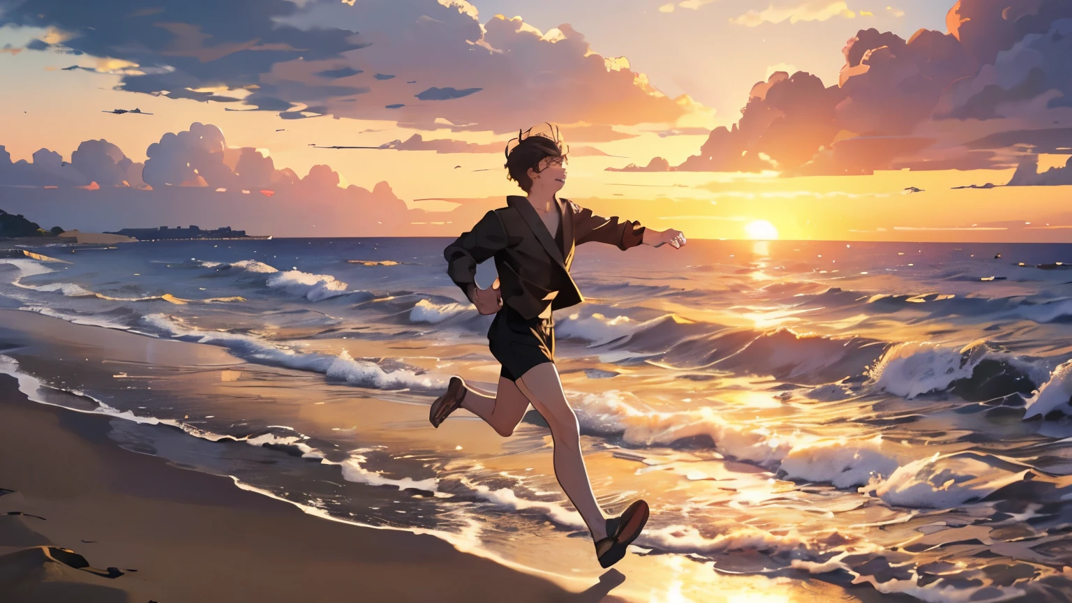 Joven corriendo en la arena 20 años Japonés Cansado Gritando Amplia playa de arena Visto muy lejos Atardecer Atardecer Sol poniente Lente ultra gran angular Mar resplandeciente 