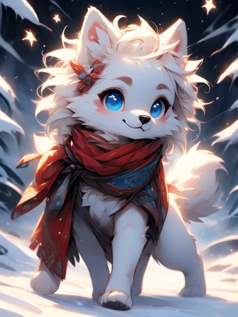 white baby wolf pup, baby girl wolf, bright sky-blue eyes ( absurdly , high quality , ultra detailed ) ,( hand detailed ) , 1gir...