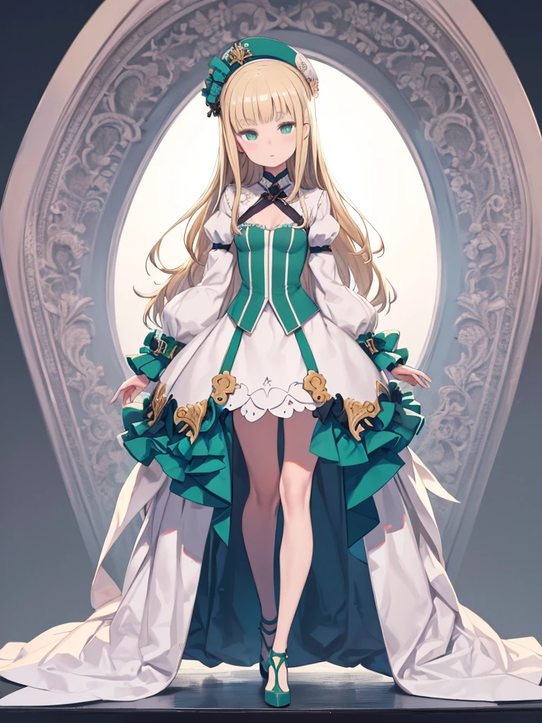 Close-up of a cartoon character in a green and white dress、Ultra-precision,masterpiece, highest quality,(((Full body portrait))),One Girl,beautiful girl,16-year-old girl,(look at me),Pretty face,((Light beige hair)),Long Hair,(Green Eyes),Detailed slanted eyes,Cool look,German style costume,Slim figure,Simple Background,