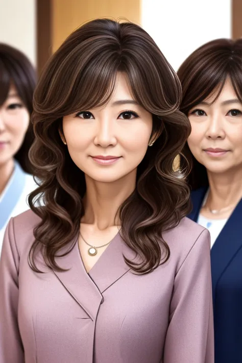 Japanese women、50 years old、Medium-haired brown hair、Wavy Hair、Close-up
