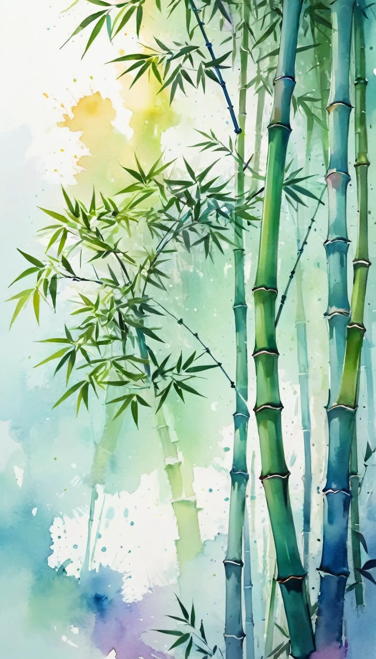 A single delicate Bamboo tree, centered, illustration design, flat design, Styles watercolor and ink splashes, detailed strokes, vibrant shades bright color palette, watercolor splashes, flat design, ethereal, 4k