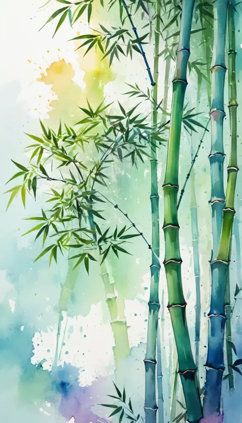 A single delicate Bamboo tree, centered, illustration design, flat design, Styles watercolor and ink splashes, detailed strokes,...