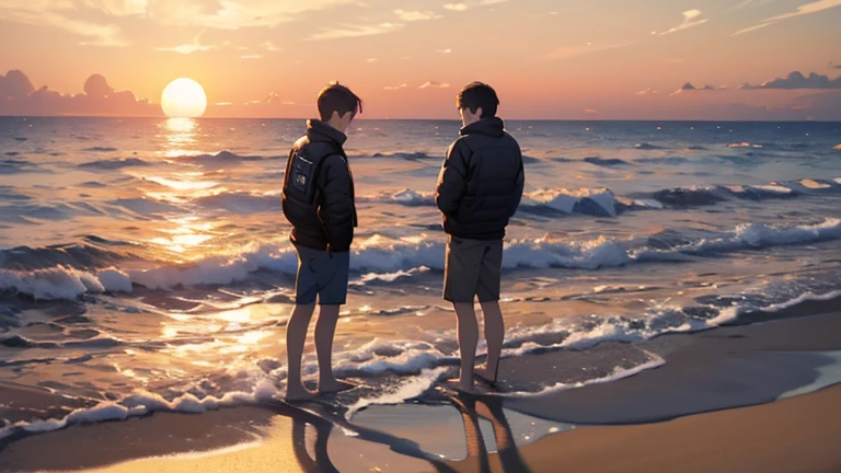  Двое маленьких мужчин смотрят очень далеко на краю широкого песчаного пляжа.. Вечер, сумерки, заходящее солнце, сверхширокоугольный объектив, сверкающее море 