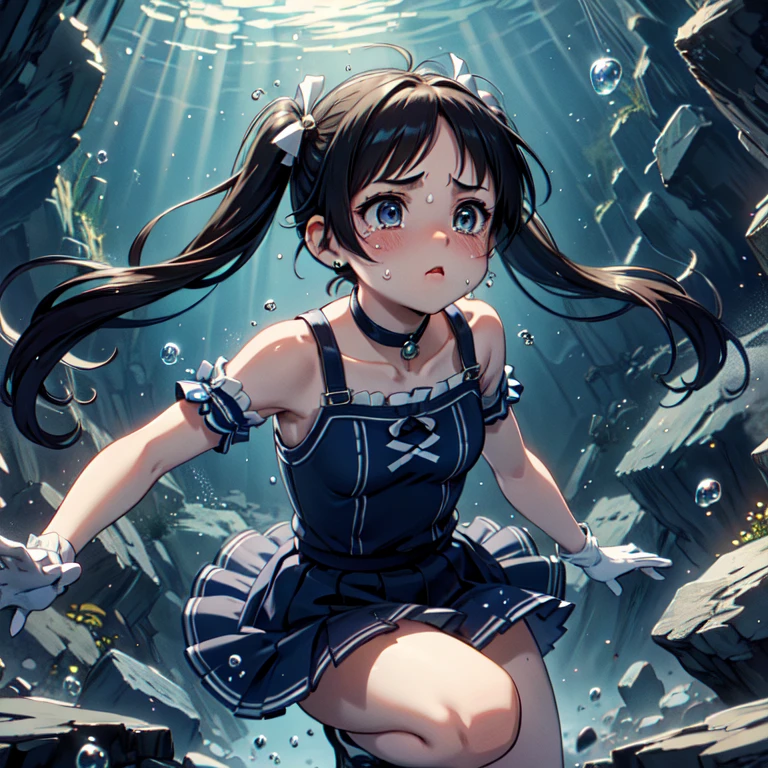 masterpiece,highest quality,Very detailed,One girl,alone,Panic, with eyes open,tears,tear up,
brother,Double good,Twin tails,Parted bangs,Circlet,jewelry,Earrings,choker,,White gloves,Elbow hand pockets,Blue Skirt,

Cave Diving,(diving),floating,swimming,,whole body,Shorthand,Reach out to your audience,air bubble,bubble,Hold your breath,Pouting,