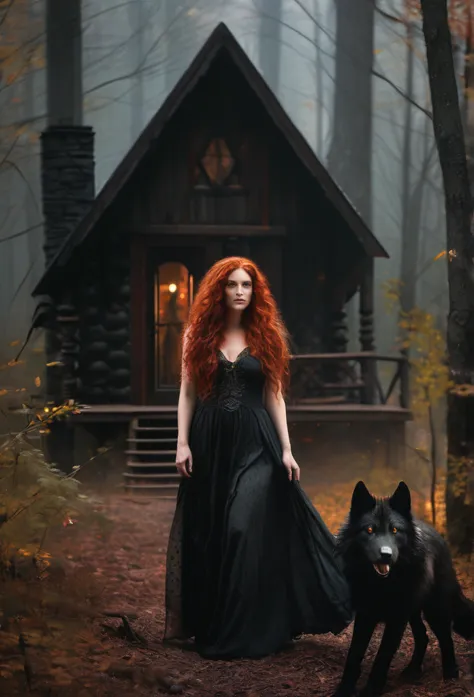 Book cover with a gothic woman with long red curly hair , gray eyes and cheeks dotted with freckles in a long, sensual black dre...