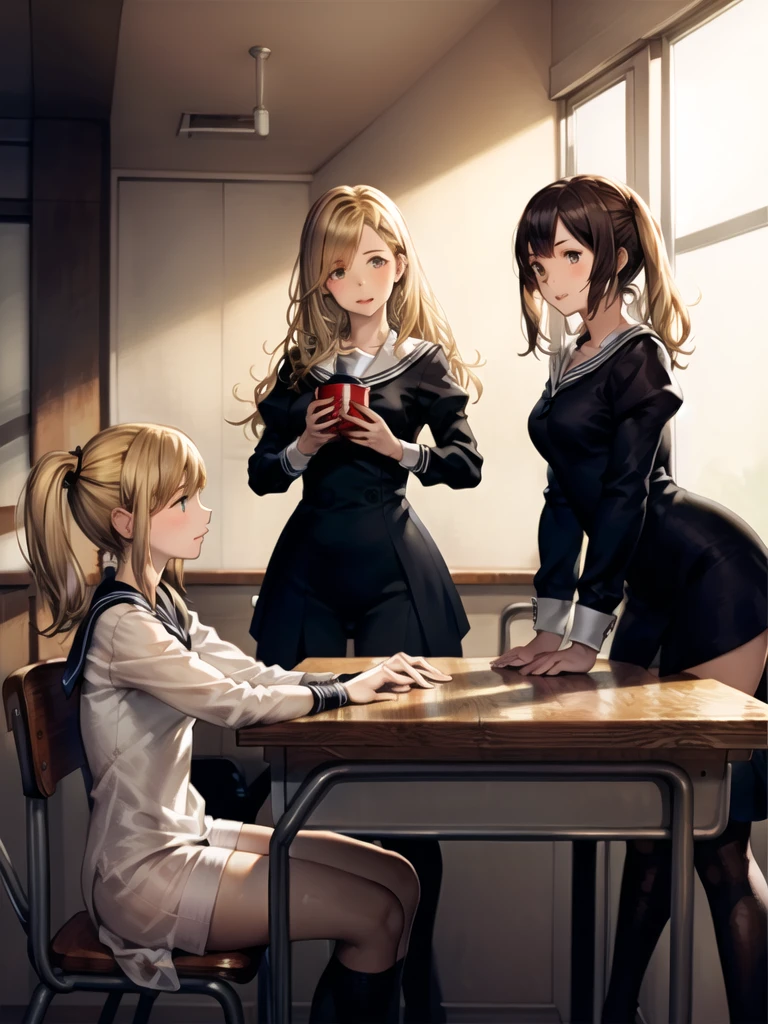 (Highly detailed CG Unity 8k wallpaper,masterpiece, highest quality, Super detailed),School classroom atmosphere,wood々Sunlight shining through the gaps,A beautiful blonde high school girl with twin tails and ahoge(D Cup),Smartphone in hand,Tinker,Beautiful black-haired ,Skinny and flat chested, Wearing a sailor uniform,Sitting on a chair、He is having a conversation with a blonde girl sitting at a desk.,in the evening.