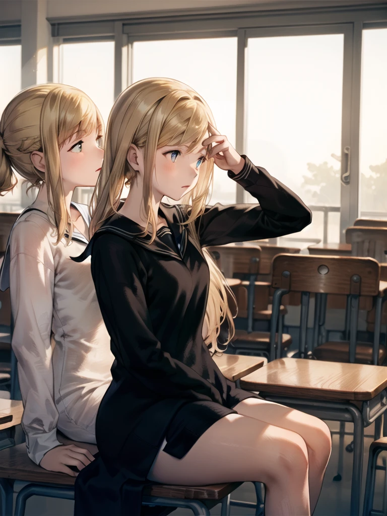 (Highly detailed CG Unity 8k wallpaper,masterpiece, highest quality, Super detailed),School classroom atmosphere,wood々Sunlight shining through the gaps,A beautiful blonde high school girl with twin tails and ahoge(D Cup),Smartphone in hand,Tinker,Beautiful black-haired ,Skinny and flat chested, Wearing a sailor uniform,Sitting on a chair、He is having a conversation with a blonde girl sitting at a desk.,in the evening.