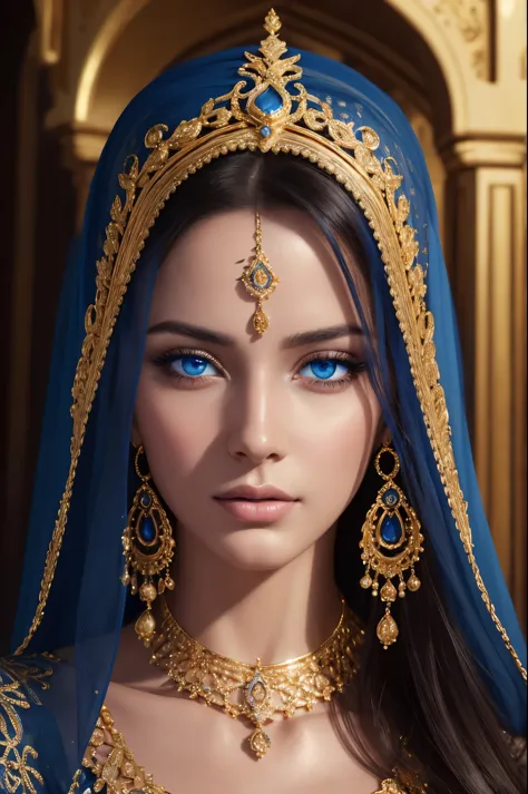 arafed woman with blue eyes and gold jewelry in a dark room, detailed beauty portrait, arabian beauty, portrait shot, stunning p...