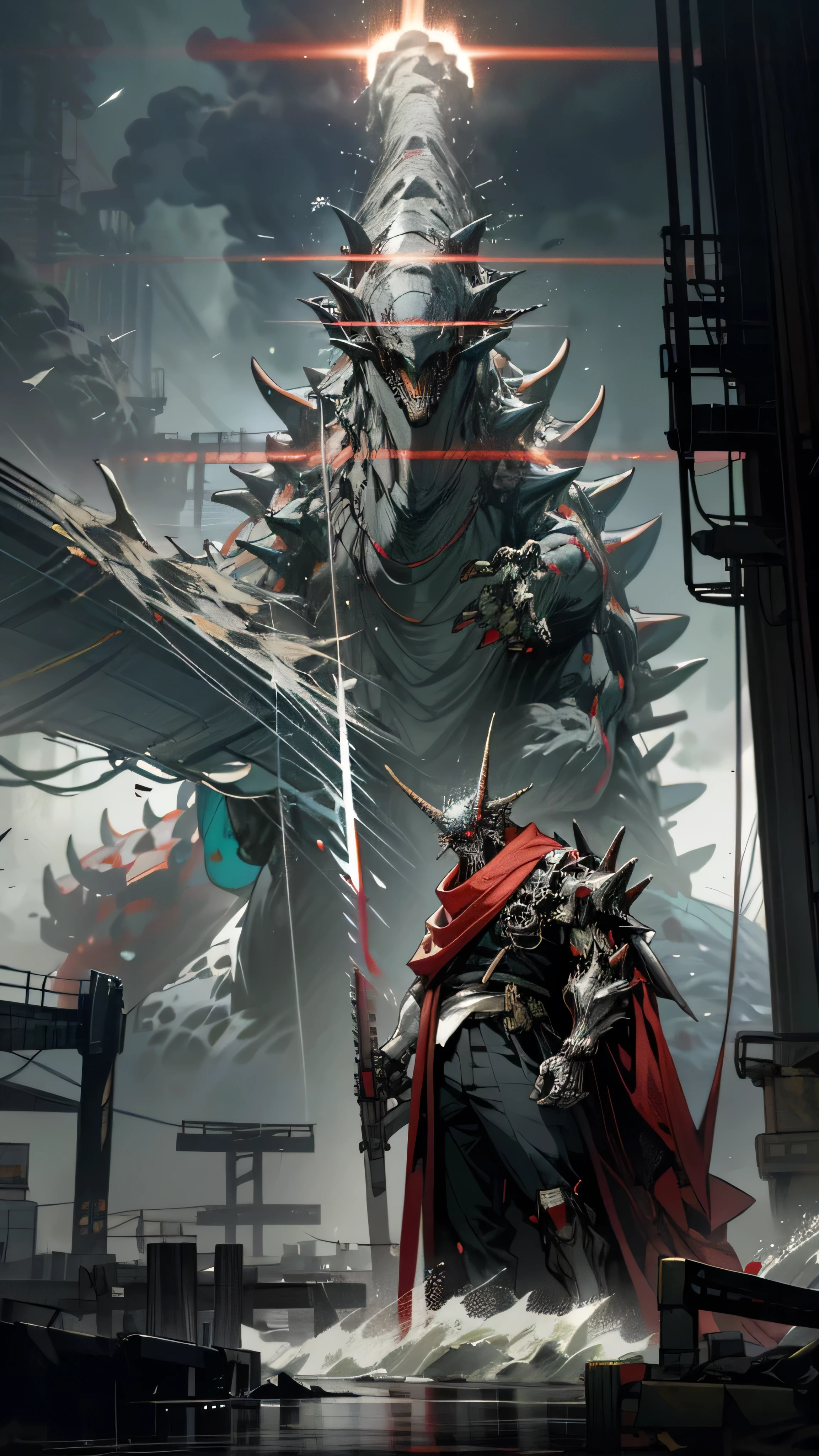 A breathtaking scene from the iconic Godzilla Japanese Movie unfolds as the towering monster hurls itself ashore, emerging from the churning waters of Tokyo Bay. In this rich, dark fantasy world of Cyberpunk, a solitary, formidable mechanical marvel - a cybernetic guardian - is deployed to counter the beast. Draped in a resplendent, red armor, reminiscent of the chain saw man, the robot's precise movements hint at a fearsome weapon hidden within its torso: the chain saw.

With the vibrant city of Tokyo serving as a stark contrast, the cybernetic guardian lands gracefully on four lawful legs, projecting an air