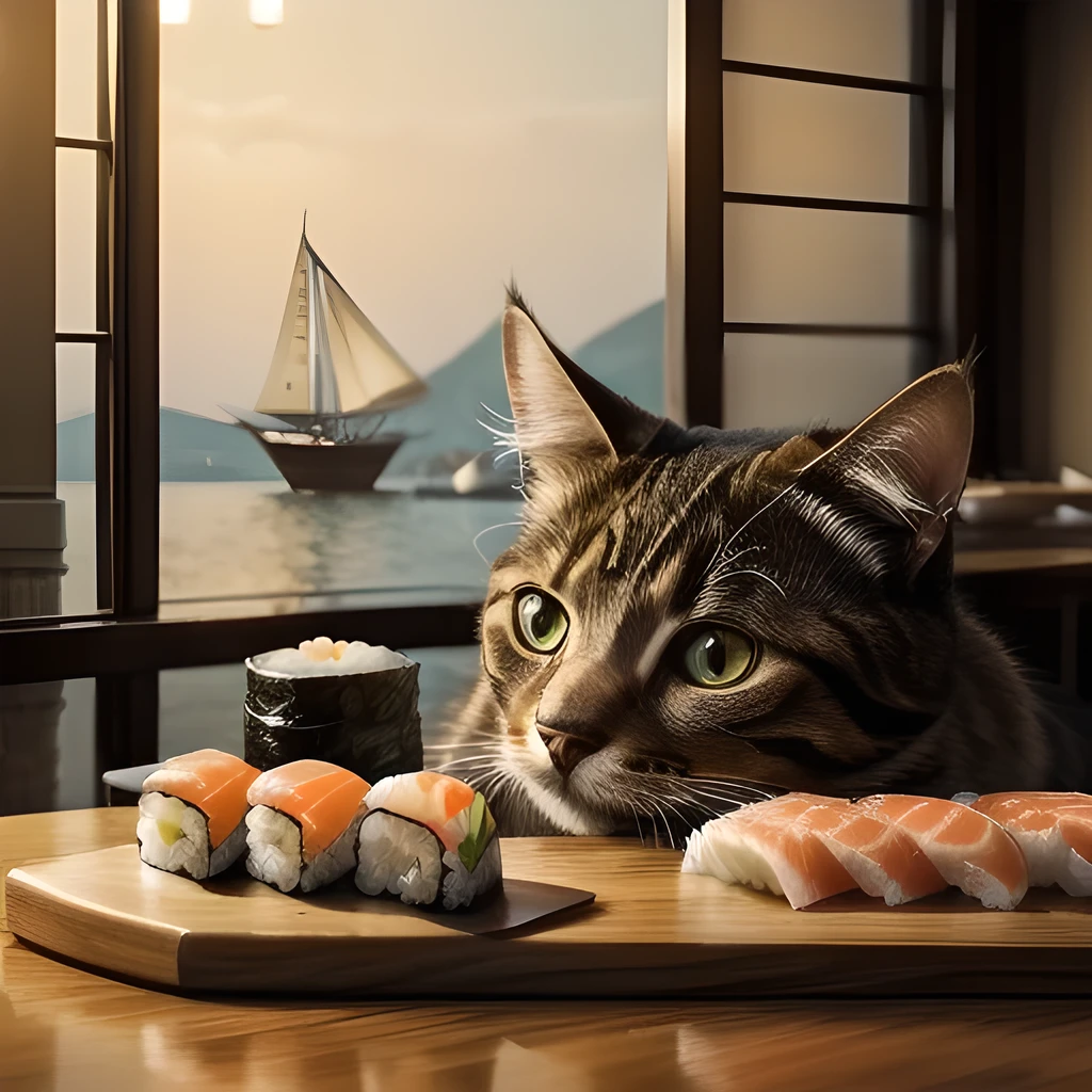 TOP quality,8K, masterpiece, (realistic:1.2), (cat:1.2), (restaurant:1.3), (sushi:1.2)