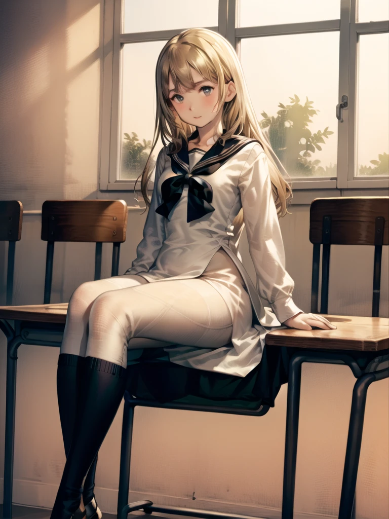 (Highly detailed CG Unity 8k wallpaper,masterpiece, highest quality, Super detailed),School classroom atmosphere,wood々Sunlight shining through the gaps,A beautiful blonde high school girl with twin tails and ahoge(D Cup),Smartphone in hand,Tinker,Beautiful black-haired ,Skinny and flat chested, Wearing a sailor uniform,Sitting on a chair、He is having a conversation with a blonde girl sitting at a desk.,in the evening.