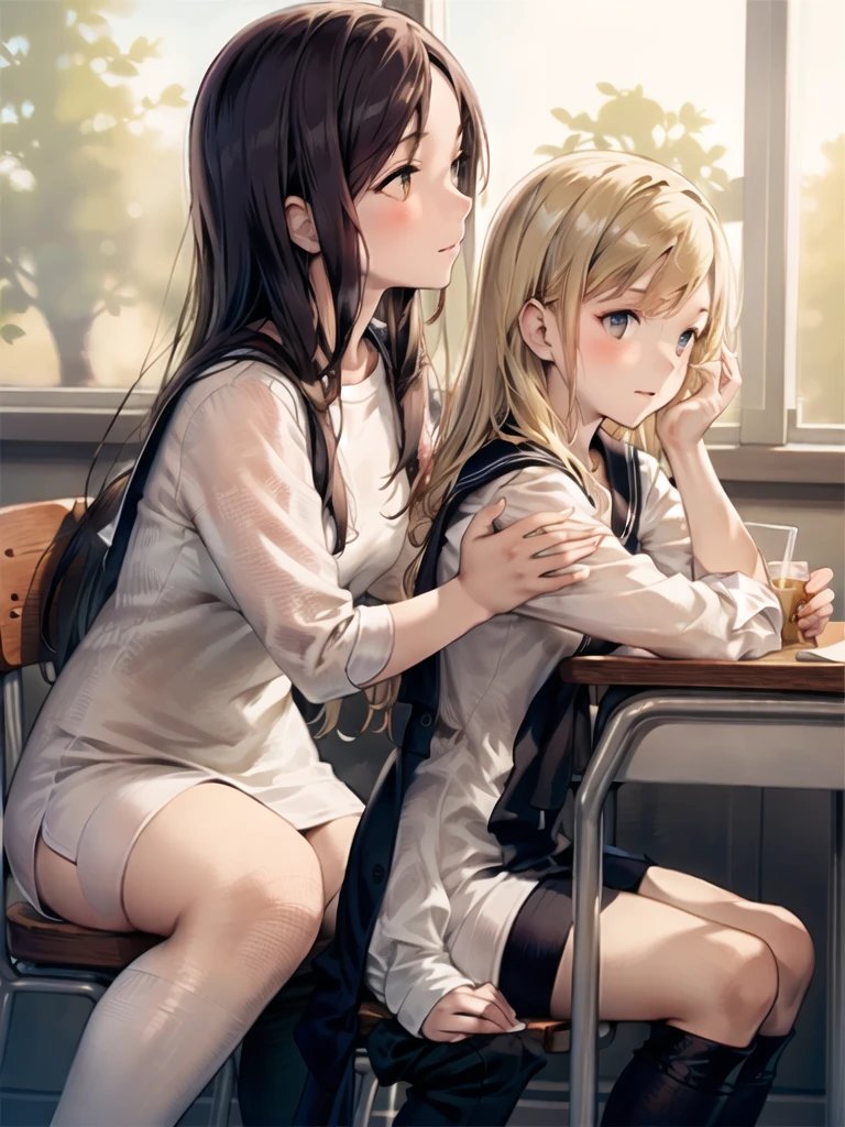 (Highly detailed CG Unity 8k wallpaper,masterpiece, highest quality, Super detailed),School classroom atmosphere,wood々Sunlight shining through the gaps,A beautiful blonde high school girl with twin tails and ahoge(D Cup),Smartphone in hand,Tinker,Beautiful black-haired ,Skinny and flat chested, Wearing a sailor uniform,Sitting on a chair、He is having a conversation with a blonde girl sitting at a desk.,in the evening.