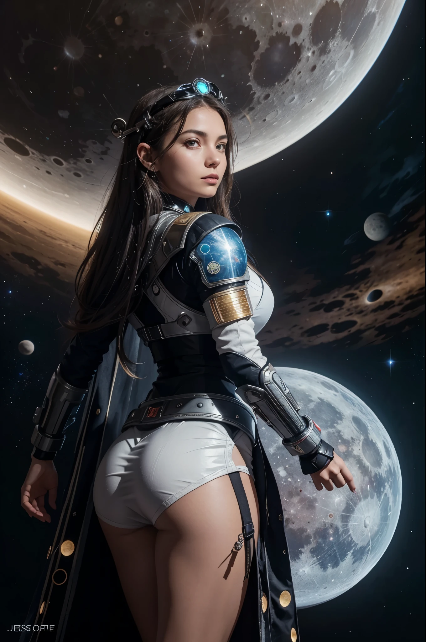 arafed image of a woman standing in front of a planet with a cross, girl in space, powerful woman sitting in space, goddess of space and time, cyborg goddess in cosmos, portrait of a norse moon goddess, portrait of a cosmic goddess, moon goddess, cosmic goddess, lunar goddess, girl looks at the space, jessica rossier fantasy art, galactic sized goddess
