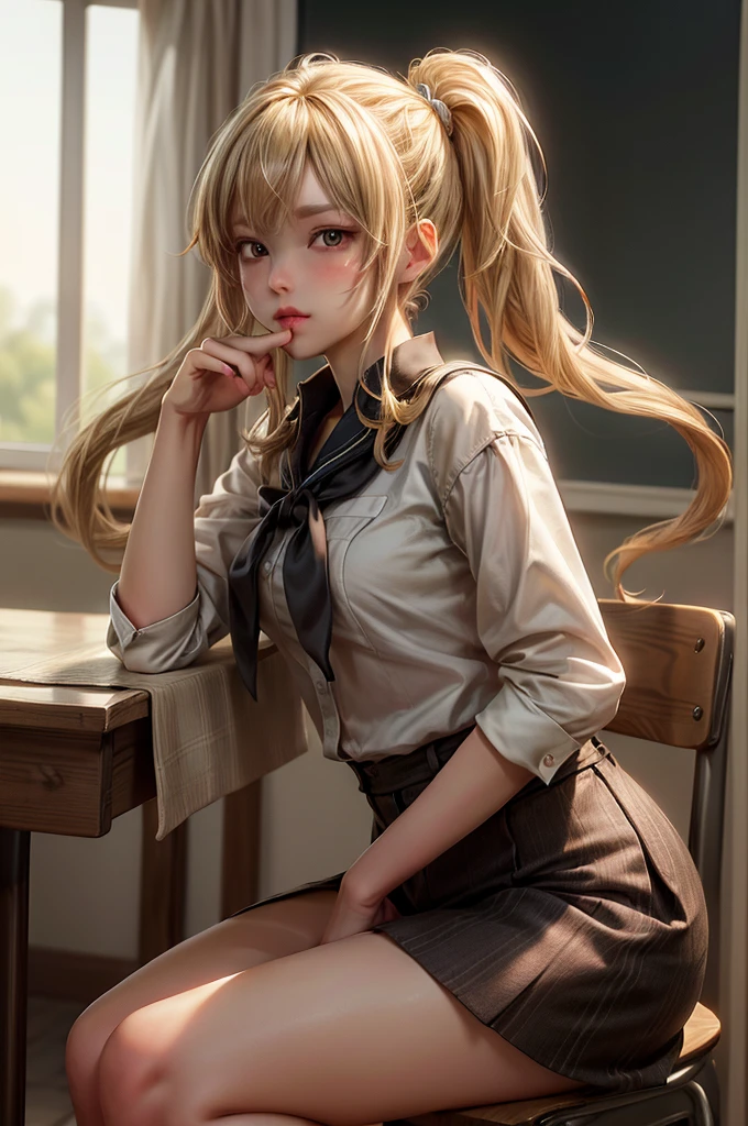 (Highly detailed CG Unity 8k wallpaper,masterpiece, highest quality, Super detailed),School classroom atmosphere,wood々Sunlight shining through the gaps,A beautiful blonde high school girl with twin tails and ahoge(D Cup),Smartphone in hand,Tinker,Beautiful black-haired ,Skinny and flat chested, Wearing a sailor uniform,Sitting on a chair、He is having a conversation with a blonde girl sitting at a desk.,in the evening.