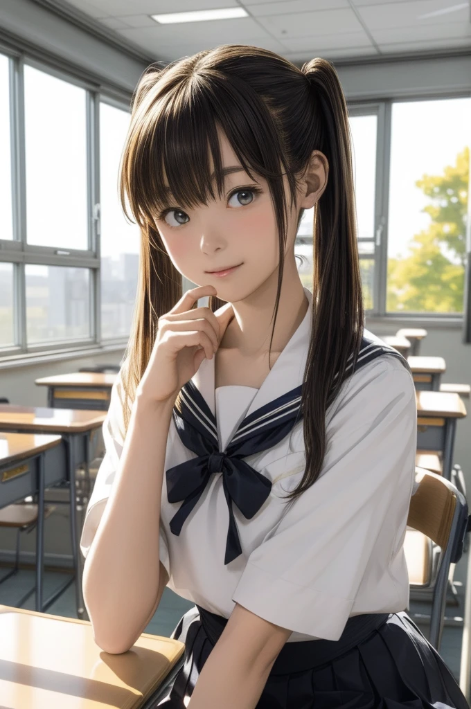 (Highly detailed CG Unity 8k wallpaper,masterpiece, highest quality, Super detailed),School classroom atmosphere,wood々Sunlight shining through the gaps,A beautiful blonde high school girl with twin tails and ahoge(D Cup),Smartphone in hand,Tinker,Beautiful black-haired ,Skinny and flat chested, Wearing a sailor uniform,Sitting on a chair、He is having a conversation with a blonde girl sitting at a desk.,in the evening.