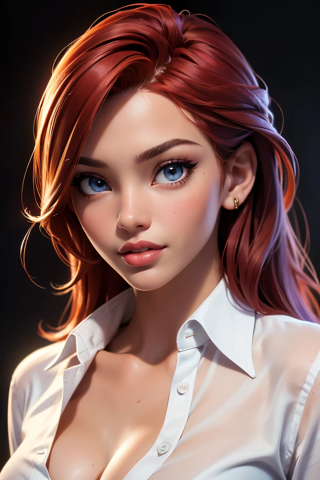 (sexy red haired young woman,perfect body,posing in unbuttoned mens dress shirt, ,model, cleavage,stage,luxury hall),(oil painting),(detailed face,beautiful eyes,detailed lips),(best quality,highres:1.2),(realistic),(portrait),(vibrant colors),(soft lighting) 22 year old, happy