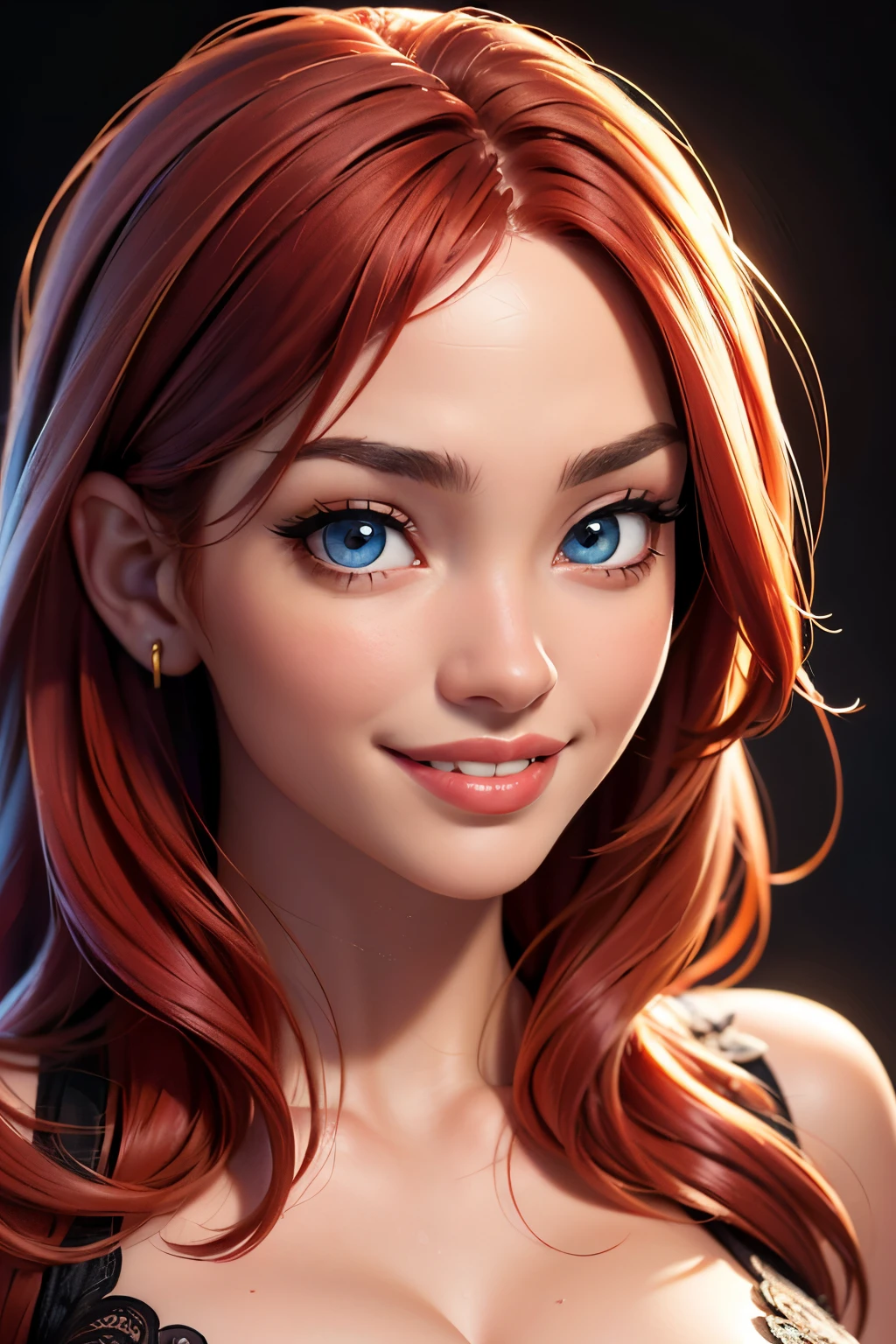 (sexy feliz coy smile, jovem ruiva,corpo perfeito,posando,modelo, decote,estágio,salão de luxo),(pintura a óleo),(rosto detalhado,Olhos lindos,lábios detalhados),(melhor qualidade,alta resolução:1.2),(realista),(Retrato),(cores vibrantes),(iluminação suave) 2, feliz